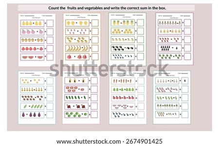 Educational Math Worksheet Set with Fruits and Vegetables – Counting and Addition Activity for Kids