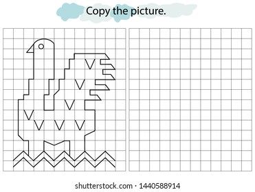 Educational, mathematical game for children. Copy the picture in the cells and color it. Bird. Hand drawn. Black and white vector illustration.