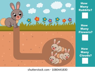 Educational Mathematical game for children. Count how many rabbits, flowers, clouds. (Vector illustration)