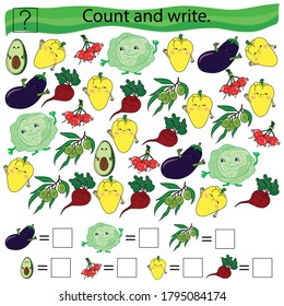 Erzieherisches, mathematisches Spiel für Kinder. Zähl und schreibe. Set Gemüse. Avocado, Pfeffer, Radieschen, Kohl, Auberginen, Rüben, Oliven. Farbige Vektorgrafik.
