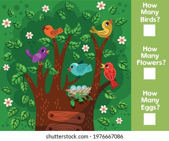 Educational mathematical game for children. How many birds, flowers, eggs can you count? Vector illustration.