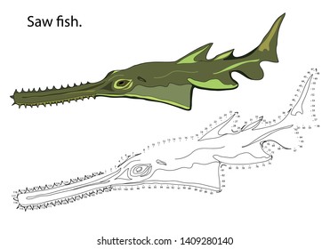Educational, mathematical game and coloring for kids. Connect the dots on the figures. Fish saw Hand drawn. Black and white vector illustration with a pattern for coloring.