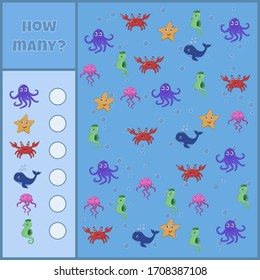 Educational mathematical game. Count the number of sea ​​animals. Count how many sea ​​animals. Under the sea. Counting game for children. 