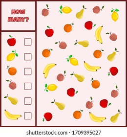 Juego matemático educativo. Cuenta el número de frutas. En el jardín. Cuenta cuántas frutas. Juego de conteo para niños.