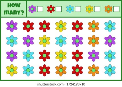 Educational mathematical game. Count the number of flowers. Count how many flowers. Counting game for children.