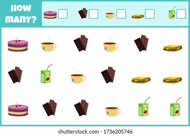 Educational mathematical game. Count the number of dishes. Count how many dishes. Counting game for children.