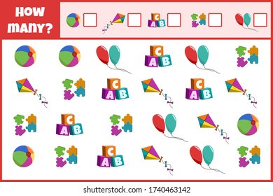 Juego matemático educativo. Cuenta el número de juguetes. Cuente cuántos juguetes. Juego de conteo para niños.