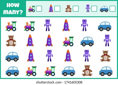 Educational mathematical game. Count the number of toys. Count how many toys. Counting game for children.