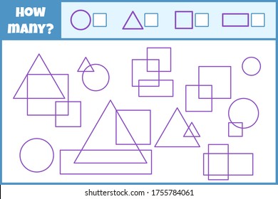 Educational mathematical game. Count the number of geometric shapes. Count how many geometric shapes. Counting game for children.