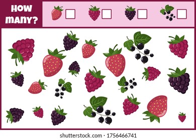 Educational mathematical game. Count the number of berries. Count how many berries. Counting game for children.