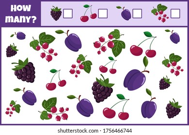 Educational mathematical game. Count the number of berries. Count how many berries. Counting game for children.