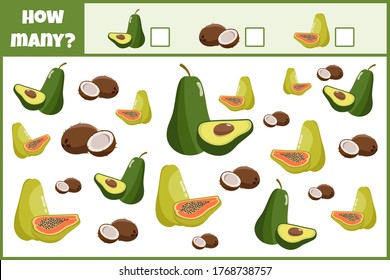 Educational mathematical game. Count the number of fruits. Count how many fruits. Counting game for children.