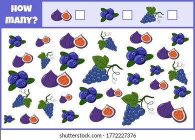 Educational mathematical game. Count the number of fruits. Count how many fruits. Counting game for children.