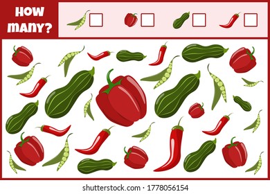 Juego matemático educativo. Cuenta el número de verduras. Cuente cuántas verduras. Juego de conteo para niños.