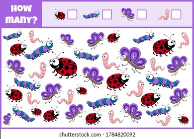 Educational mathematical game. Count the number of insects. Count how many insects. Cute insects. Counting game for children.