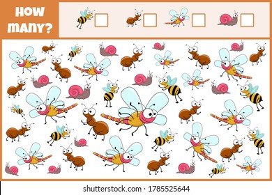 Educational mathematical game. Count the number of insects. Count how many insects. Cute insects. Counting game for children.