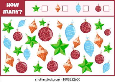 Educational mathematical game. Count the number of christmas balls. Count how many christmas balls. Counting game for children.