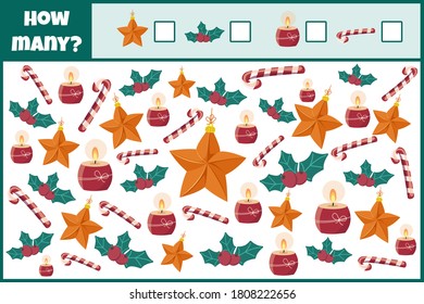 Educational mathematical game. Count the number of Christmas decorations. Count how many Christmas decorations. Counting game for children.