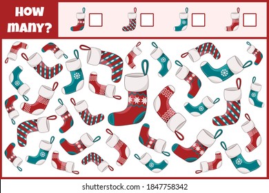 Educational mathematical game. Count the number of Christmas stocking. Count how many christmas socks. Counting game for children.
