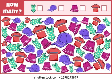 Educational mathematical game. Count the number of clothes. Count how many clothes. Counting game for children.