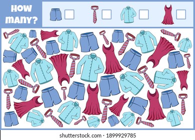 Educational mathematical game. Count the number of clothes. Count how many clothes. Counting game for children.