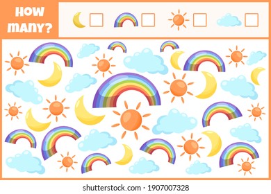 Educational mathematical game. Count the number of natural phenomena. Count how many natural phenomena. Counting game for children.