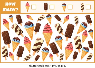 Educational mathematical game. Count the number of ice creams. Count how many ice creams. Counting game for children.