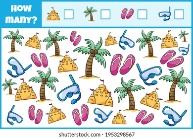 Educational mathematical game. Count the number of beach accessories. Count how many 
beach accessories. Counting game for children.