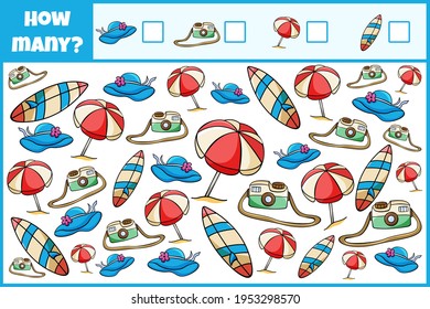 Educational mathematical game. Count the number of beach accessories. Count how many 
beach accessories. Counting game for children.