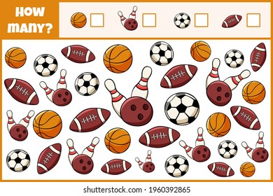 Educational mathematical game. Count the number of sports equipment. Count how many sports equipment. Counting game for children.