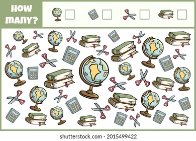 Educational mathematical game. Count the number of school supplies. Count how many 
school supplies. Counting game for children.