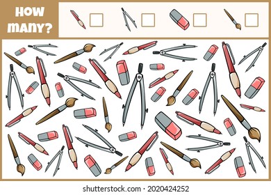 Educational mathematical game. Count the number of school supplies. Count how many 
school supplies. Counting game for children.