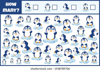 Juego matemático educativo. Cuenta los pingüinos. Cuente cuántos pingüinos. Juego de conteo para niños.