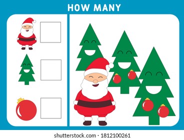 Educational mathematical game. How many objects task, christmas theme. Learning mathematics, numbers, addition theme. Counting game for children.