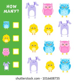 Educational mathematical game for kids. How many animals calculation. Vector illustration.
