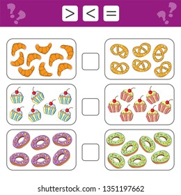 Educational mathematical game for kids. Learning counting choose more, less or equal