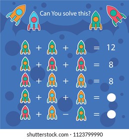 Educational mathematical game for kids with rockets. Matching count game. Can You solve this? Children funny riddle entertainment. Sheet right answer. Vector activity page and game.