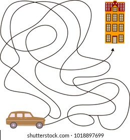 Educational a mathematical game.
Maze game for kids. Help the car find the way to the house. Vector template page with game.