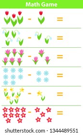 Educational A Mathematical Game. Vector Spring Flowers: Crocus, Narcissus, Tulips, Snowdrops And Daisy. Subtraction Worksheet.