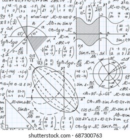 Educational mathematical vector seamless pattern with handwritten formulas, figures and equations