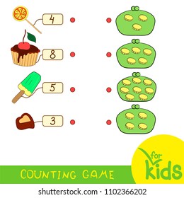 Educational mathematics game for children. Count the coins in your wallet and find the appropriate sweetness. Lollipop, cake, ice cream, candy. 
