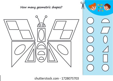 Educational Maths game for kids. How many geometric shapes? Butterfly. Children funny riddle entertainment.  Preschool worksheet activity. Vector illustration