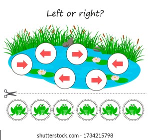 Juego de matemáticas educativas para niños. Estanque izquierdo o derecho con ranas. Desarrollar la atención de los niños y habilidades de pensamiento matemático espacial. Actividad de la hoja de cálculo preescolar.