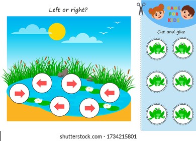 Educational Maths game for kids. Left or right Pond with frogs. Developing kids attentiveness and spatial mathematical thinking skills. Preschool worksheet activity.