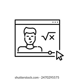 Educational maths male video blogger. Square root and x. Virtual lectures, distance learning opportunities. Pixel perfect, editable stroke vector icon