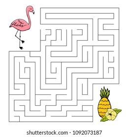 Educational maze game for children. Hand drawn cartoon flamingo and pineapple with tropical flower. Vector illustration