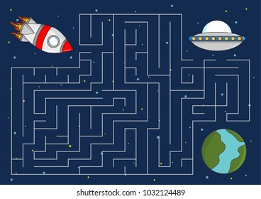 Educational maze game for children. Help rocket find the way to planet. Space theme. Vector illustration.