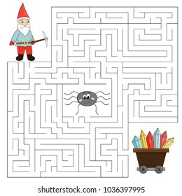 Educational maze game for children. Help the dwarf find way to crystals, 
beware of the spider. Vector illustration
