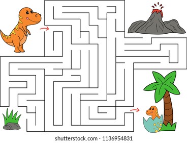 Educational maze game for children. Help the Tyrannosaurus Rex find way to dinosaur baby. Cartoon characters. Vector illustration