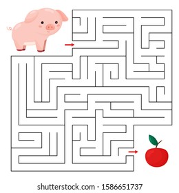 Educational maze game for children. Help the pig find right way to the apple. Cute cartoon character. Farm animals.